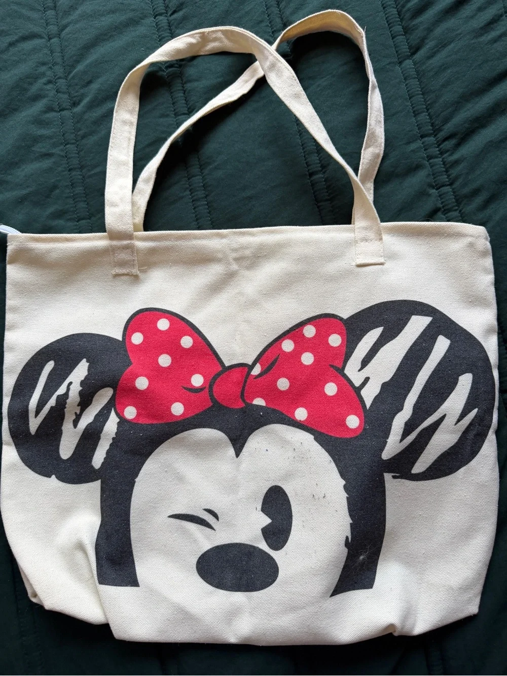 Disney Minnie Mouse Winking Canvas Tote Bag with Zipper and Inner Pocket